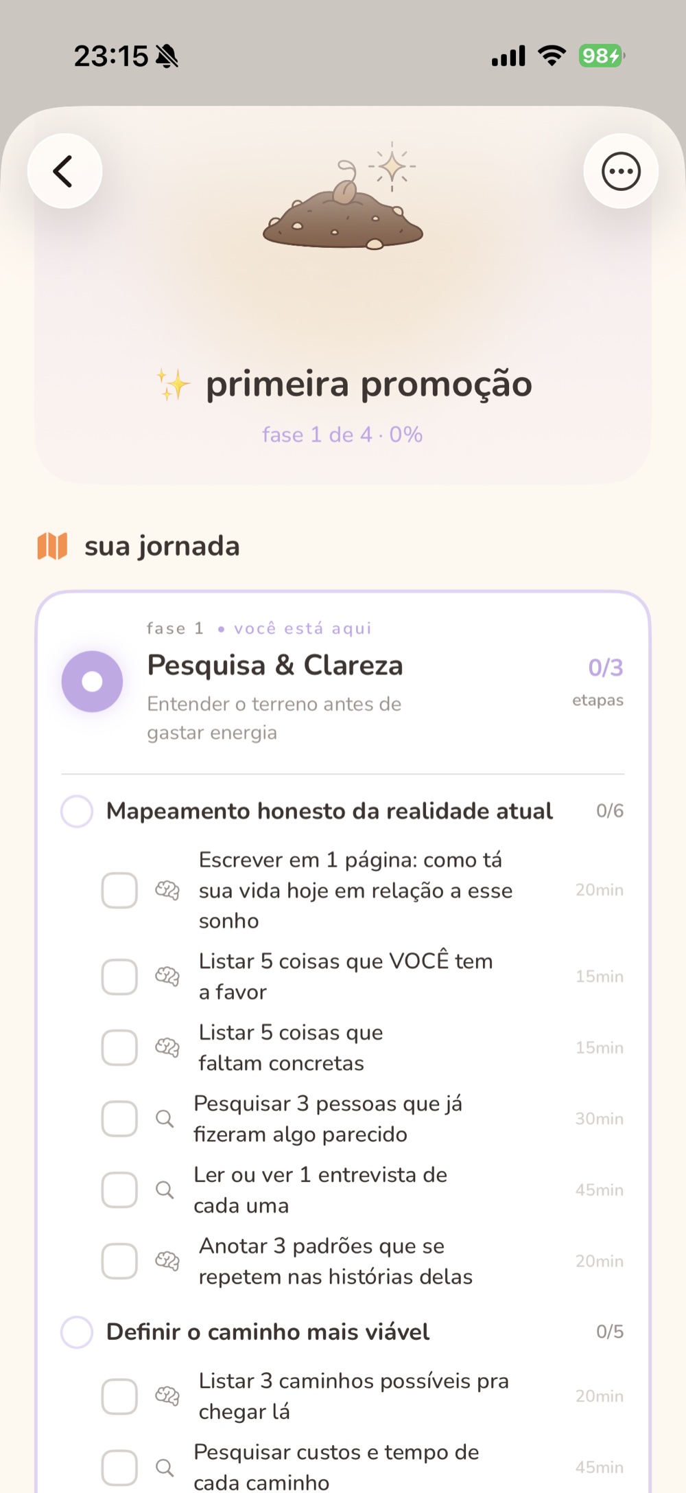 tela da jornada do sonho em fases e etapas