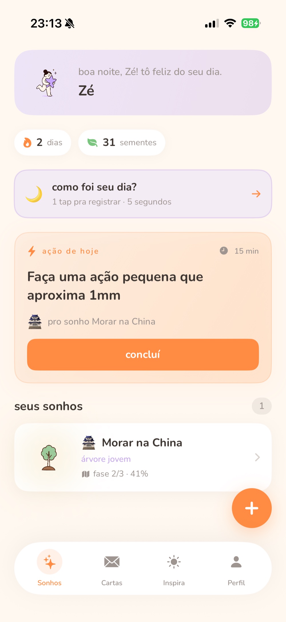 tela inicial do sona com a ação do dia e a árvore crescendo