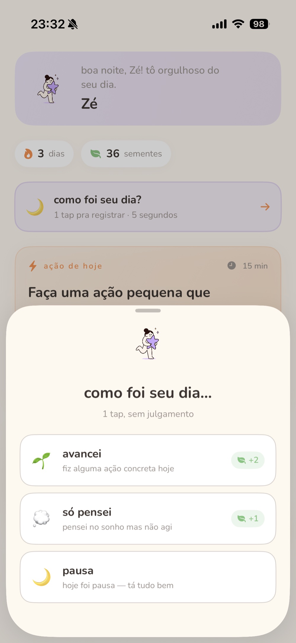 tela de check-in diário: avancei, só pensei ou pausa